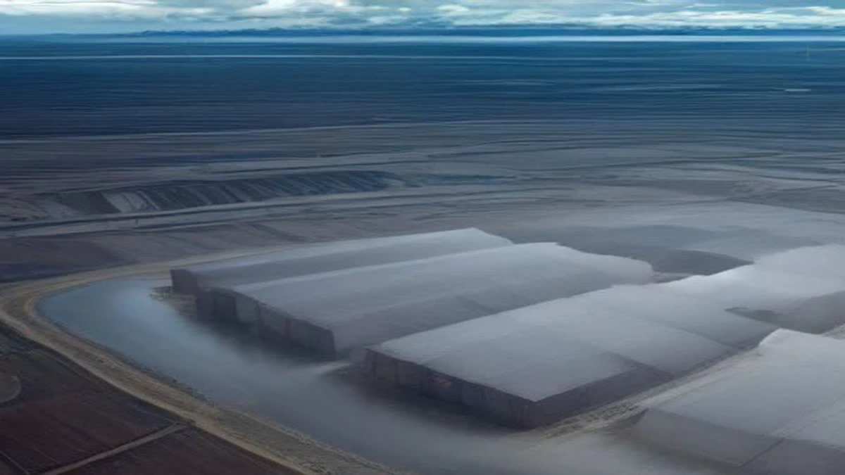 Containerised mining buildings on an industrial site photographed from above